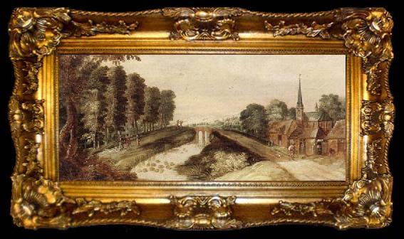 framed  unknow artist A Riverside village with travellers on a path near a dridge, ta009-2
